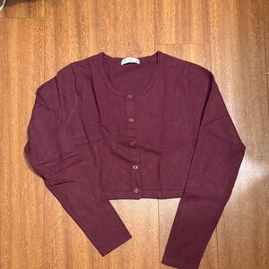 Wine Cropped Button Cardigan